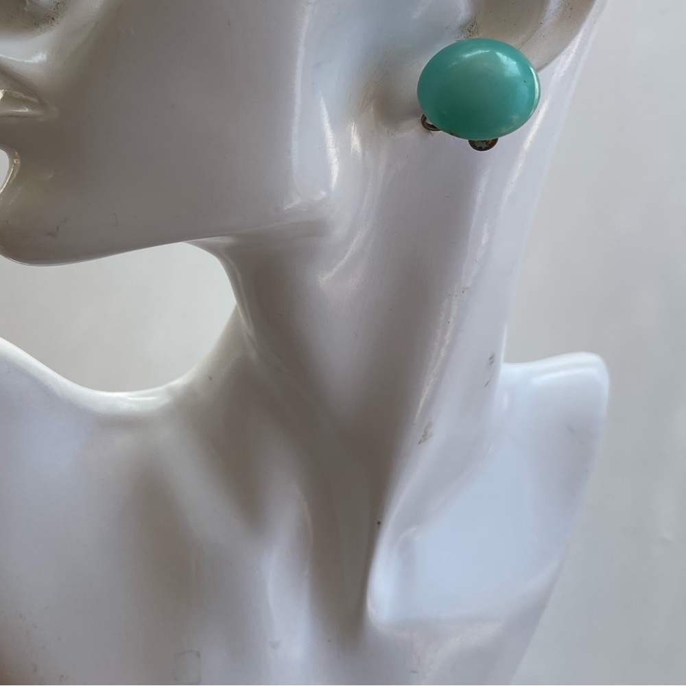 Vintage 1960s Lucite Moonstone Screw Earrings Aqua Green Half Dome Button ClipOn